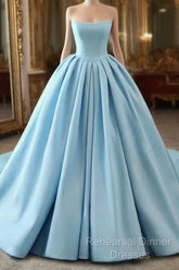 Fashion Blue Ball Gown Strapless Pleats Wedding Dress With Train Long Semi Formal Prom Evening Dress Formal Gown